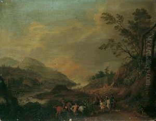 Umkreis Weite Flusslandschaft Mit Jagdgesellschaft. Ol Auf Leinwand. H 42; B 53 Cm Oil Painting by Johann Alexander Thiele