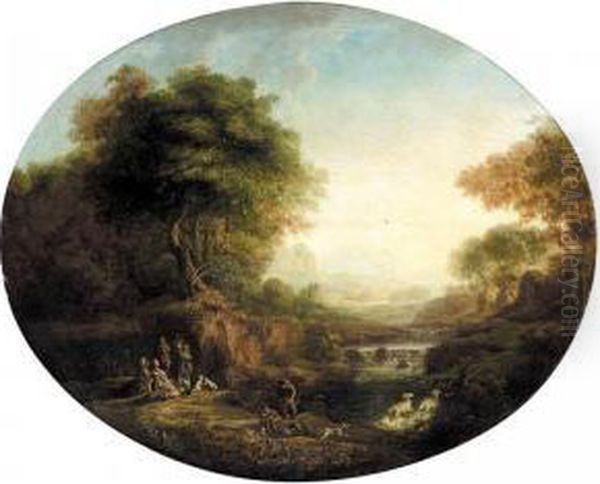 A River Landscape With Huntsmen And Shepherds Oil Painting by Johann Alexander Thiele