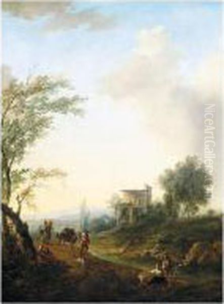 A River Landscape With Travellers Oil Painting by Johann Alexander Thiele