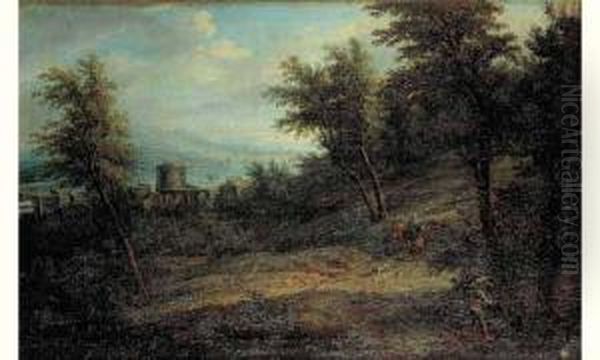 Cavaliers Dans Un Paysage Dominant Une Riviere Oil Painting by Johann Alexander Thiele