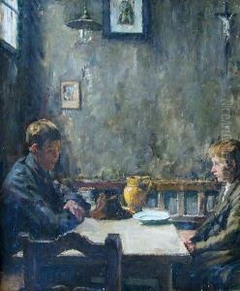 Zwei Jungen An Einem Tisch Sitzend Oil Painting by Otto Thiele