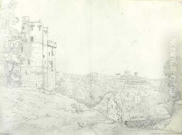 Vue Du Chateau De Clisson Et De La Maison Valentin Oil Painting by Claude I Thienon