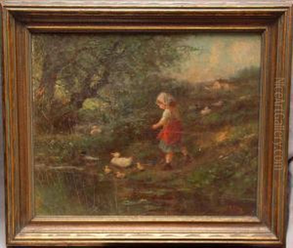 A Young Girl With Ducks Beside A Stream Oil Painting by James Crawford Thom