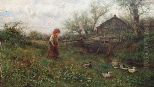 A Young Girl With Ducks Beside A Stream Oil Painting by James Crawford Thom