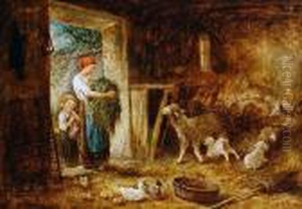 Mother And Child In A Barn, With Sheep And Ducks Oil Painting by James Crawford Thom