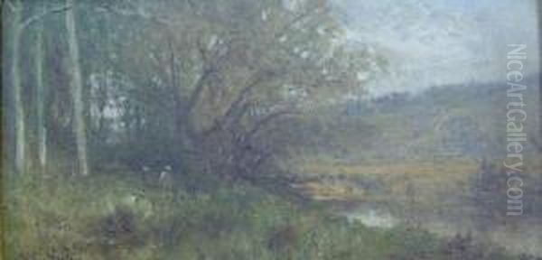 Figures In A Landscape By A River Oil Painting by James Crawford Thom