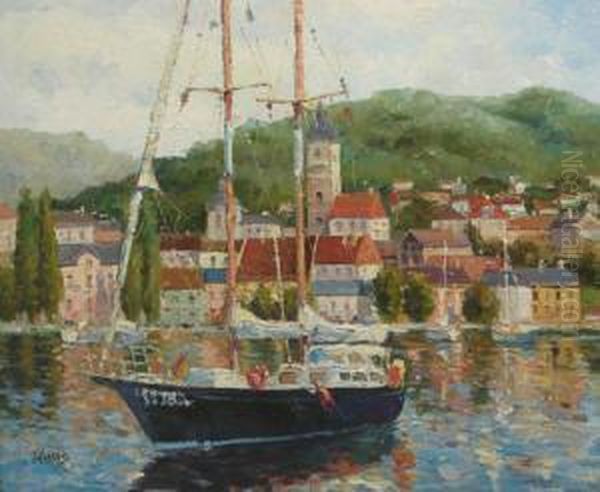 'yacht In Town Harbour', Oil, Signed, Canvas, 2 Oil Painting by Thomas