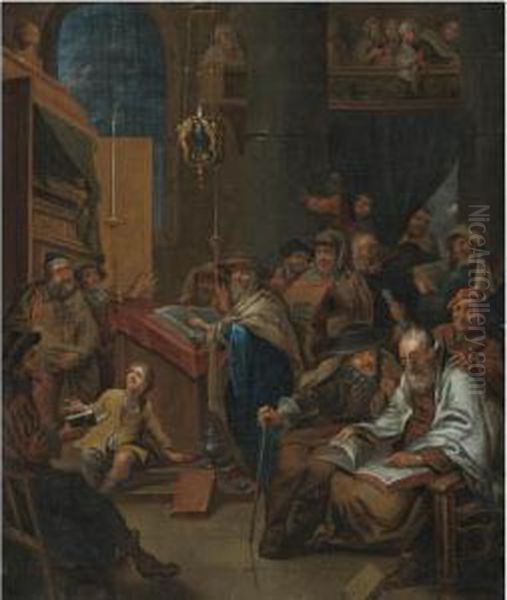 A Synagogue Interior With Scholars Reading Clerical Texts, Possibly An Allegory Oil Painting by Gerard Thomas