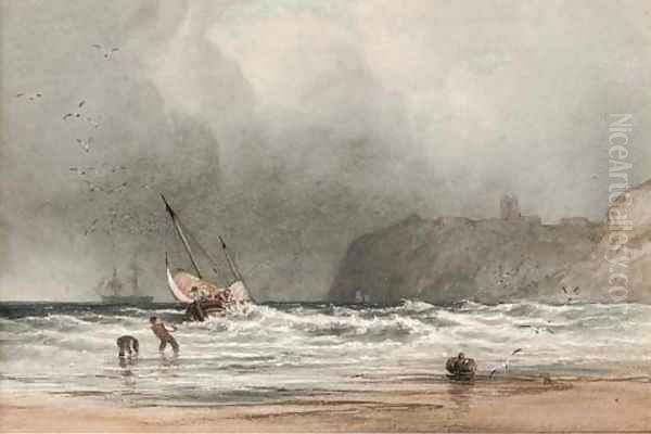 Hauling in the fishing boat onto the shore Oil Painting by Anthony Vandyke Copley Fielding