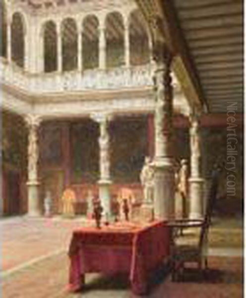 Colonnaded Interior With Table And Chair Oil Painting by Paul Thomas