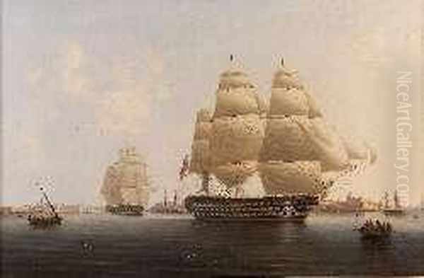 H.m.s. Queen Flagship Of The Mediterranean Fleet Leavingmalta Oil Painting by Robert Strickland Thomas