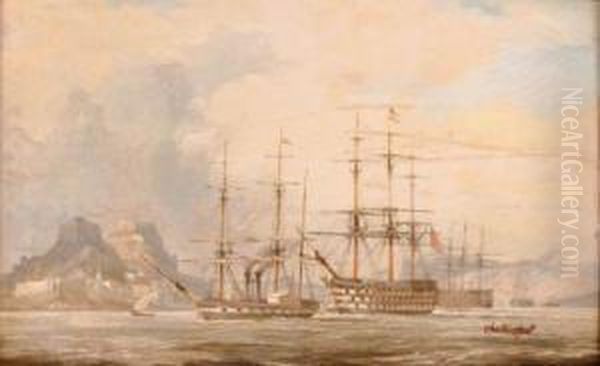 H.m.s. Princess Royal Under Tow By The Paddle Frigate Leopard Offcorfu Oil Painting by Robert Strickland Thomas