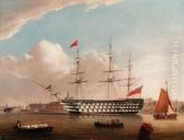 H.m.s. Victory At Her Permanent Mooring In Portsmouth Harbour Oil Painting by Robert Strickland Thomas