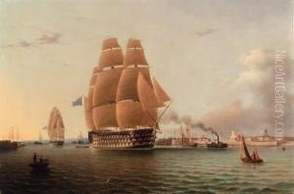 H.m.s. Queen And Other Shipping In Portsmouth Harbour Oil Painting by Robert Strickland Thomas