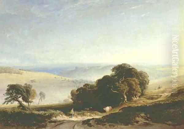 A view of the South Downs with a drover in the foreground, Arundel Castle beyond Oil Painting by Anthony Vandyke Copley Fielding