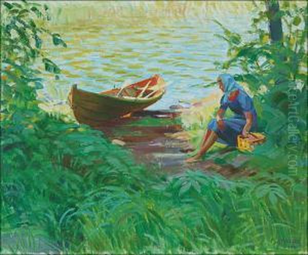 Woman On A Shore Oil Painting by Verner Thome