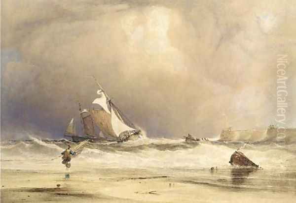 Fishing boats in a stiff breeze, off shore Oil Painting by Anthony Vandyke Copley Fielding