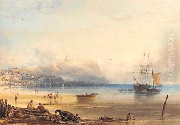 Scarborough, with a boat being vitalled in the harbour Oil Painting by Anthony Vandyke Copley Fielding