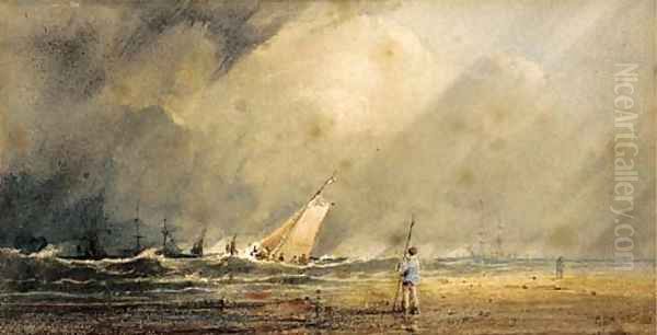 A figure standing on a beach with shipping beyond Oil Painting by Anthony Vandyke Copley Fielding