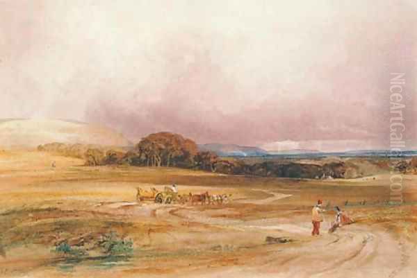 An extensive landscape with a hay-cart and figures in the foreground Oil Painting by Anthony Vandyke Copley Fielding