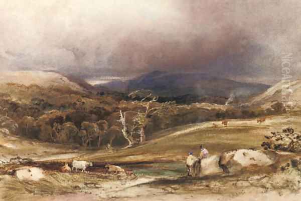 An extensive landscape with cattle and figures in the foreground Oil Painting by Anthony Vandyke Copley Fielding