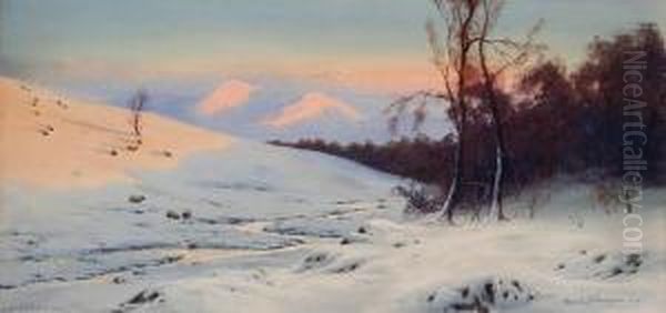 A Snowy Landscape With A Stream And Sheep On A Hillside Oil Painting by Edward Horace Thompson