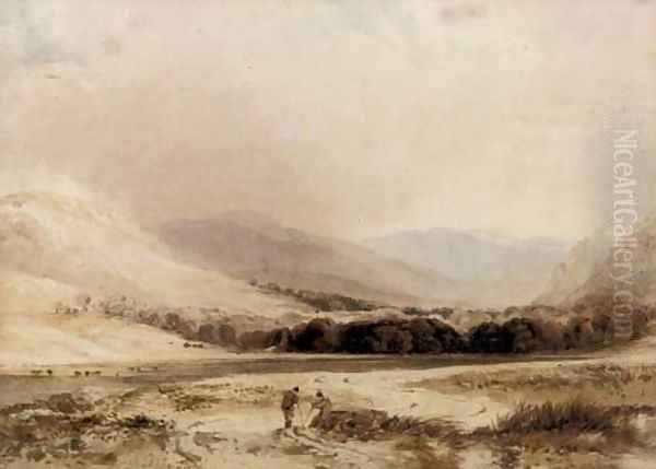 Figures conversing in a highland landscape Oil Painting by Anthony Vandyke Copley Fielding