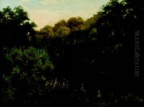 The Upper Reaches Of A River With Trees And Foxgloves To The Foreground Oil Painting by Edward Horace Thompson