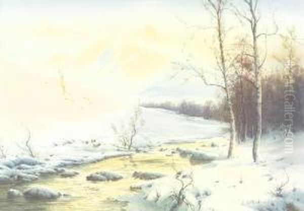 The River Greta, Near Keswick, Winter Oil Painting by Edward Horace Thompson