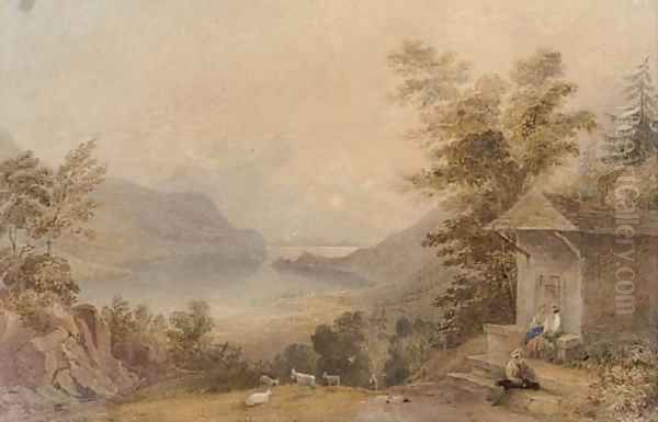 Figures conversing in a mountainous lake landscape Oil Painting by Anthony Vandyke Copley Fielding