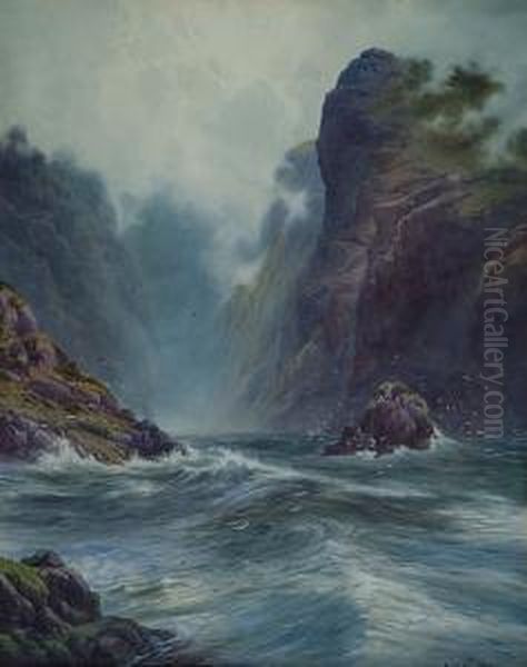 Swelling Seas Up A Rocky Inlet Oil Painting by Edward Horace Thompson