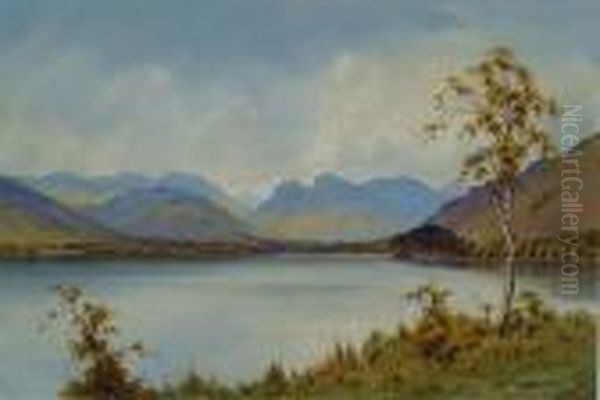 View Of The Langdale Pikes From Across Lake Windermere Oil Painting by Edward Horace Thompson