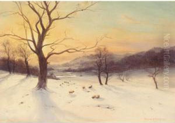 Sheep In The Snow At Dusk Oil Painting by Edward Horace Thompson