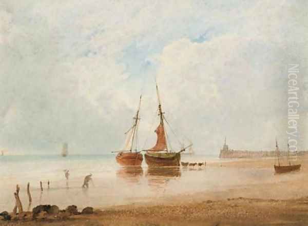 Beached fishing vessels at low tide Oil Painting by Anthony Vandyke Copley Fielding