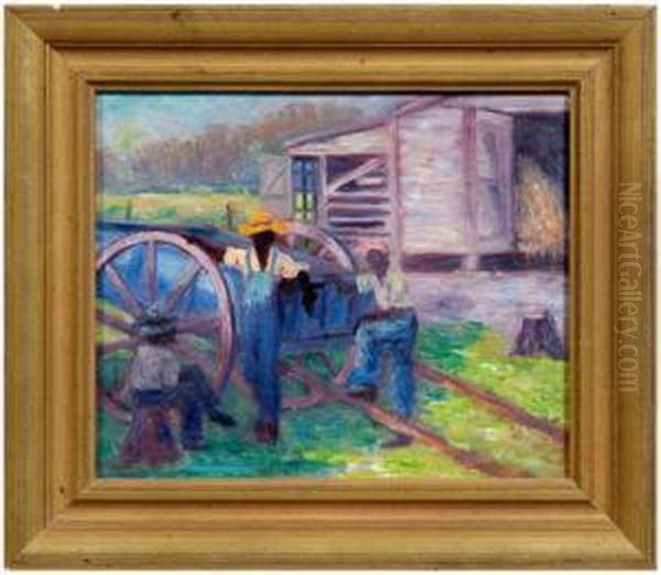 Three Black Farmers At Rest By A Wagon Oil Painting by Wilfred Thompson