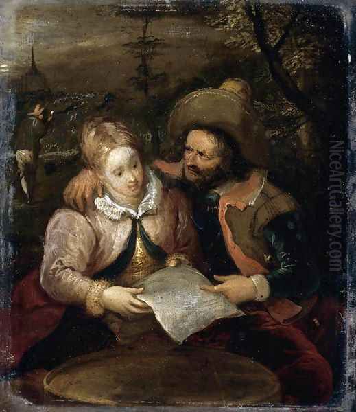 A Young Lady and a Cavalier Holding a Letter Oil Painting by Frans III Francken