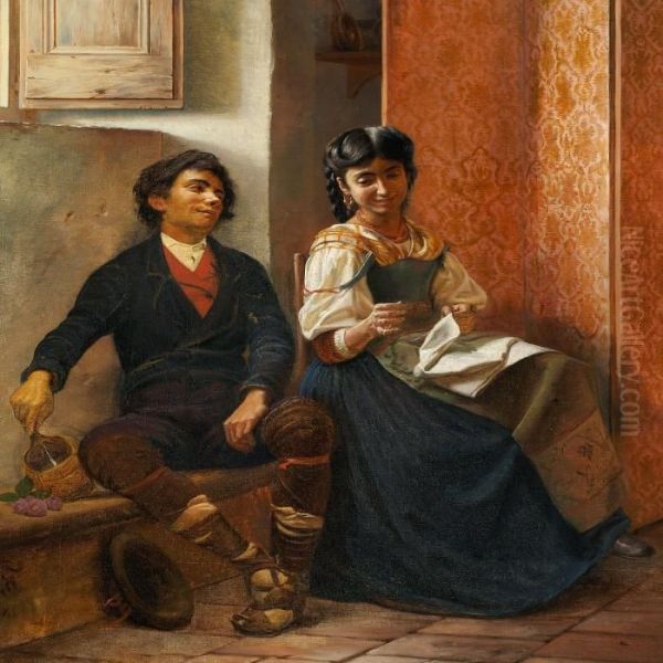 Italian Genre Scene Witha Young Couple Flirting Oil Painting by Carl Christian Thomsen