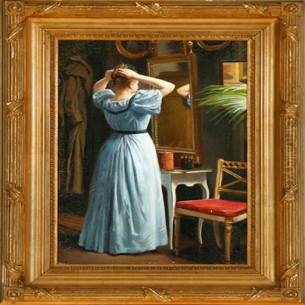 Young Girl Looking At Herself In A Mirror Oil Painting by Carl Christian Thomsen