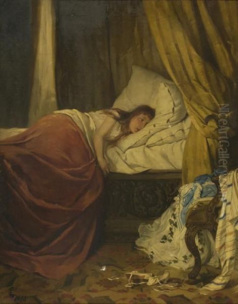 After The First Ball. Depicting A
 Tired Girl Resting In Her Bed Looking At Her Ball Gown Draped Over A 
Chair. Her Unlaced Shoes Lay Nearby On The Floor. Oil Painting by Carl Christian Thomsen