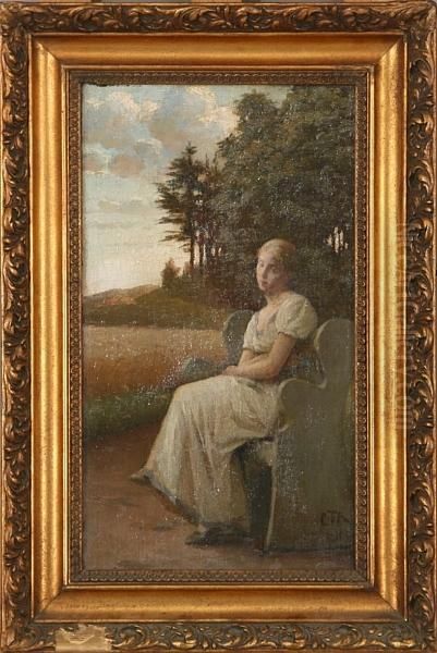 A Sitting Lady In A Landscape Oil Painting by Carl Christian Thomsen