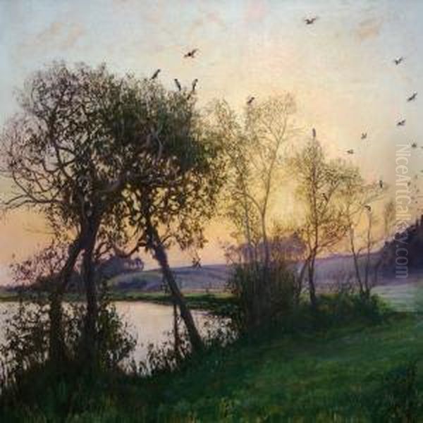 Autumn Morning With Trees And Flying Birds At A Lake Oil Painting by Pauline Thomsen