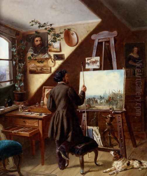 Painting Horses In The Studio, A Self Portrait Oil Painting by Gustav Adolf Friedrich