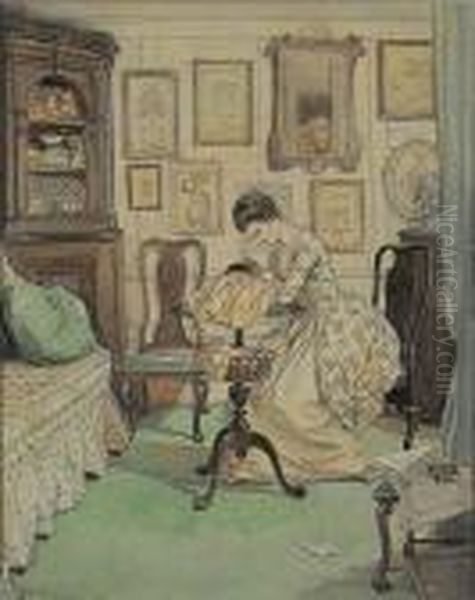 Story Illustration: Woman Embroidering, People Reflected In Mirror. Oil Painting by Hugh Thomson