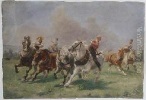 Unframed Watercolour 'after The Ploughing Match' Signed And Dated 15 June 83 16 X 23in Oil Painting by Hugh Thomson