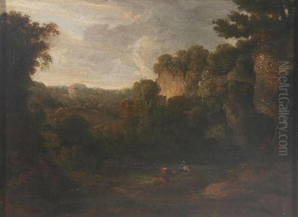 On The Devon, Bergige Bewaldete Flusslandschaft Mit Rastenden Oil Painting by John, Rev. Thomson Of Duddingston