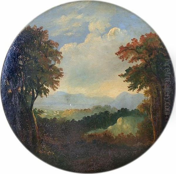 An Extensive Wooded Landscape With Coast Andmountains Beyond, Circular Oil Painting by John, Rev. Thomson Of Duddingston