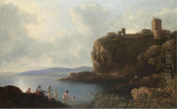 Boys Bathing Below Ravenscraig Castle Oil Painting by John, Rev. Thomson Of Duddingston