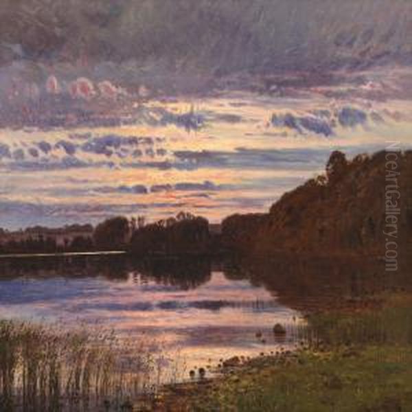 Sunset At Tulstrup Lake In North Jutland Oil Painting by Anton Erik Ch. Thorenfeld