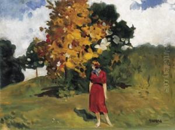 Girl In Red Dress With Autumn Landscape Of Nagybanya Oil Painting by Janos Thorma