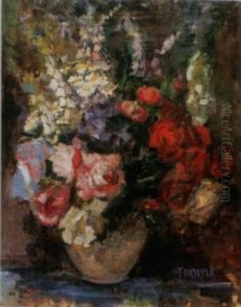 A Bunch Of Spring Flowers In A Vase Oil Painting by Janos Thorma